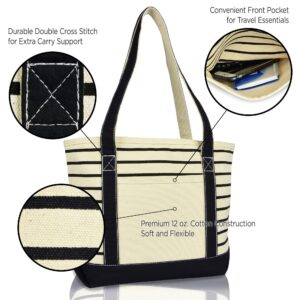 DALIX Medium Stripe Tote Deluxe Shoulder Bag Cotton Canvas in Black