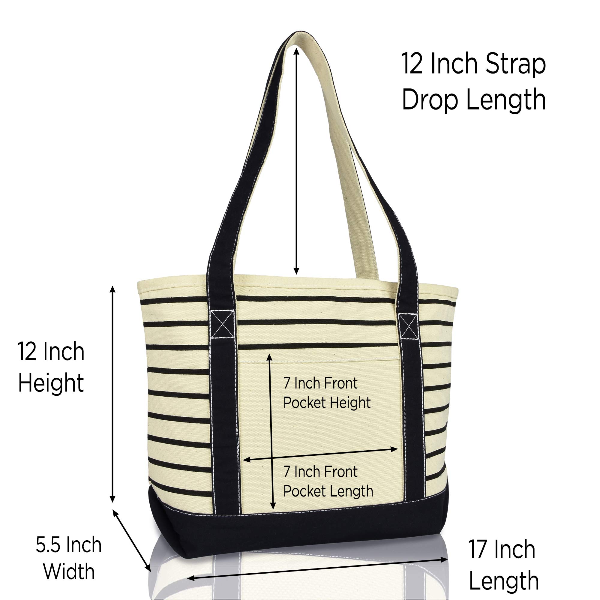 DALIX Medium Stripe Tote Deluxe Shoulder Bag Cotton Canvas in Black