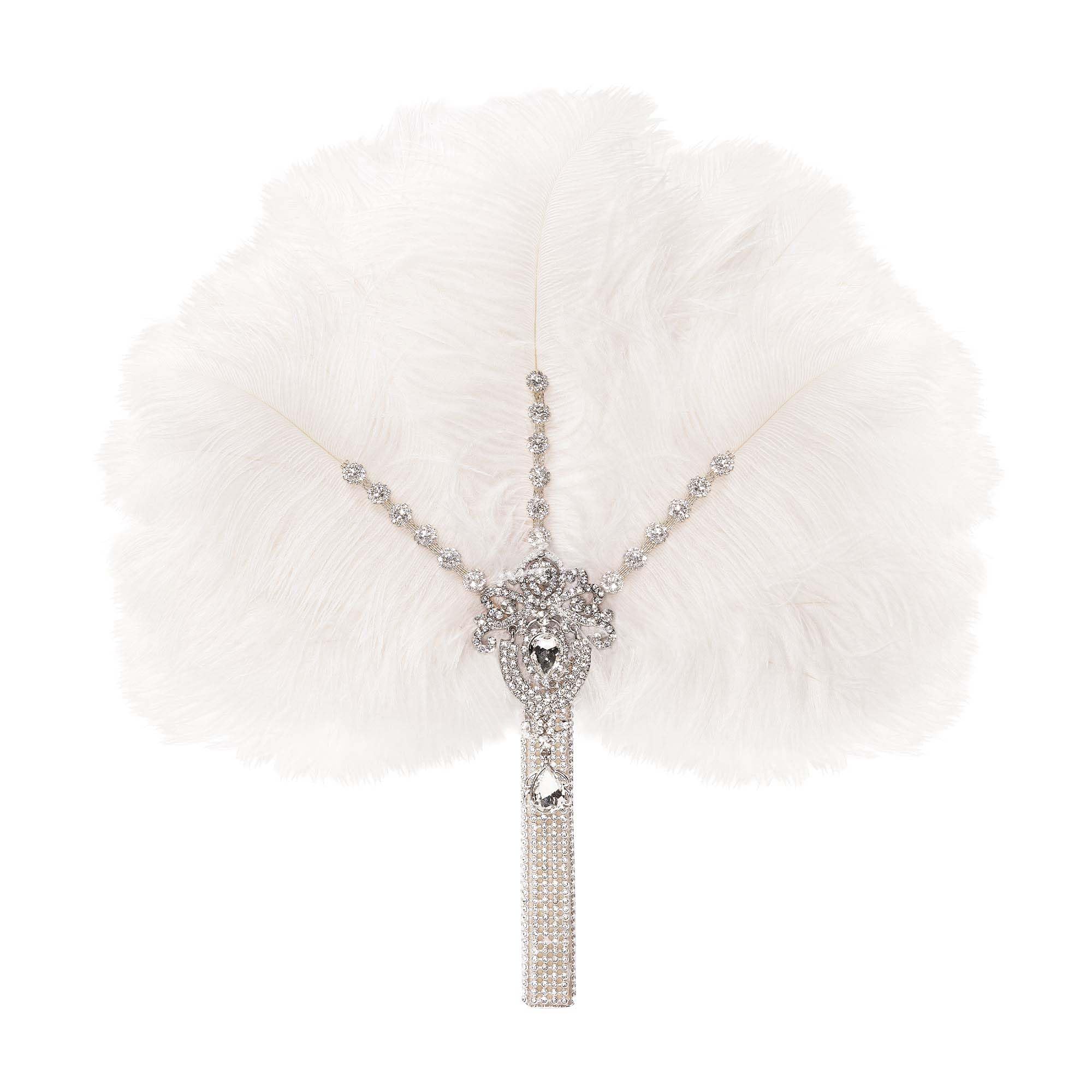 BABEYOND Vintage Bridal Feather Bouquet 1920s Ostrich Feather Fan Crystal Bridesmaid Bouquet 20s Gatsby Wedding Bouquet Flapper Accessories (White & Crystal Handle)