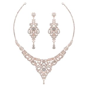 hapibuy crystal rose gold wedding jewelry set rhinestone necklace and earring set for women and brides