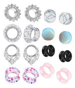 tianci fbyjs 8 pairs stainless steel ear tunnels earrings silicone gauges plugs for ear brass hollow plugs and tunnels glass piercings stretcher kit 2g 00g 5/8