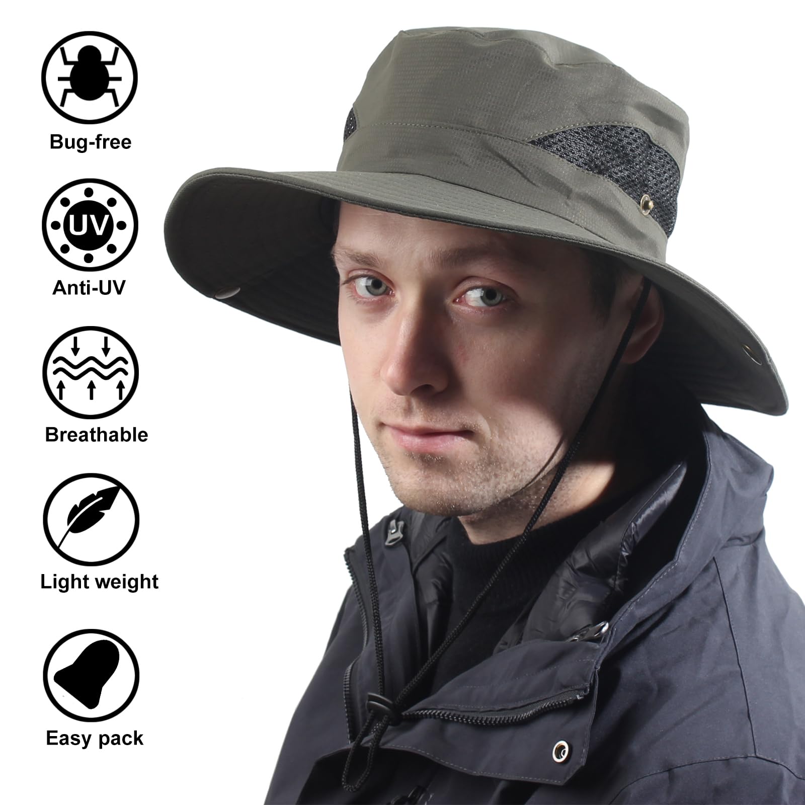 CAMOLAND Sun Hat with Removable Mesh Head Net Safari Hat Outdoor UV Protection Army Green