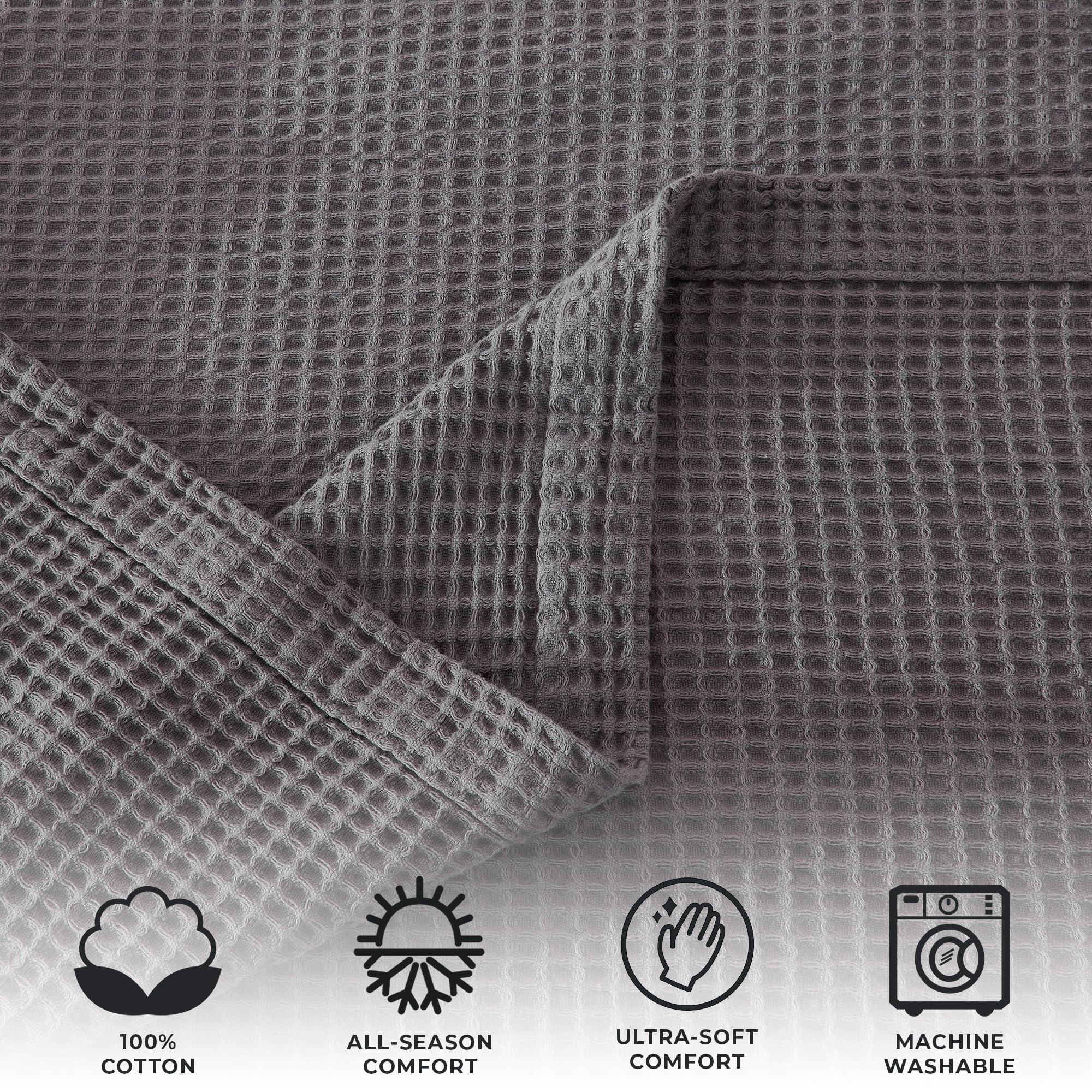 100% Cotton Blanket for Full Queen Size Bed - Grey Waffle Weave Lightweight Summer Bed Blanket - 90x90in Prewashed Breathable, Woven, Layering Blanket (Full/Queen, Dark Grey)