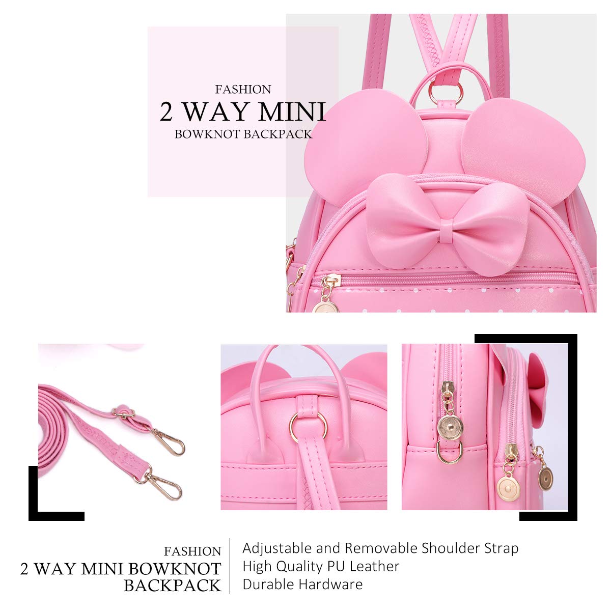 KL928 Girls Bowknot Polka Dot Cute Mini Backpack Small Daypacks Convertible Shoulder Bag Purse for Women