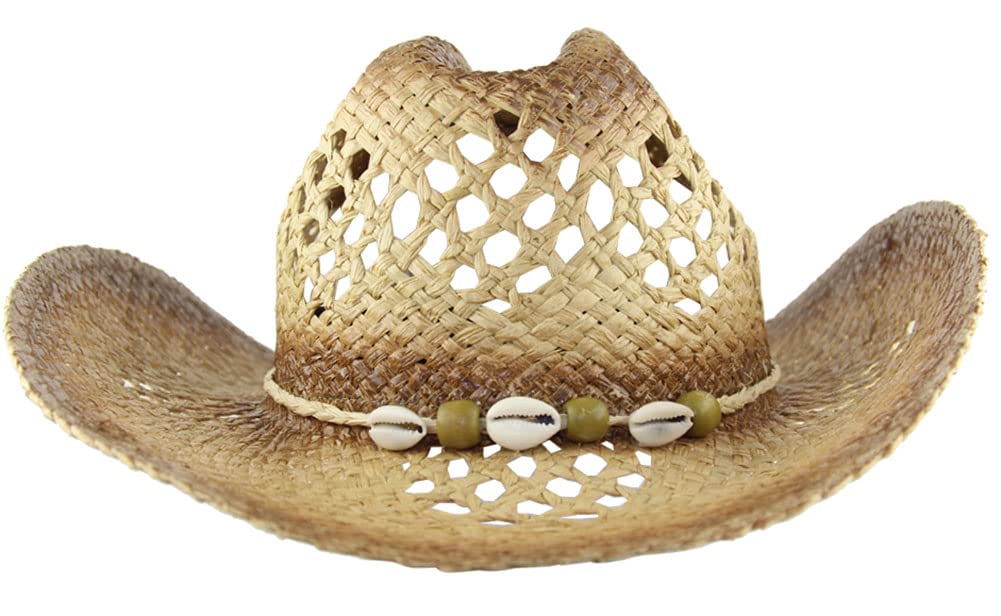 MINAKOLIFE Men's & Women's Western Style Cowboy/Cowgirl Straw Hat (Shell Beads)