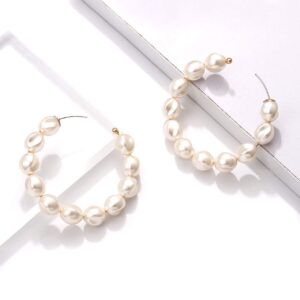 Pearl Hoop Earrings for Women Lightweight Faux Pearl Beaded Earrings Open Hoop Dangle Earrings Bridal Gifts (pure pearls hoop style)