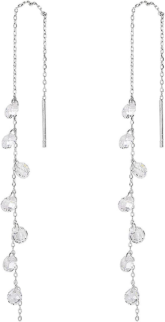 925 Sterling Silver Tassel Drop Earrings Long CZ Droplet Dangle Threader Earrings for Women