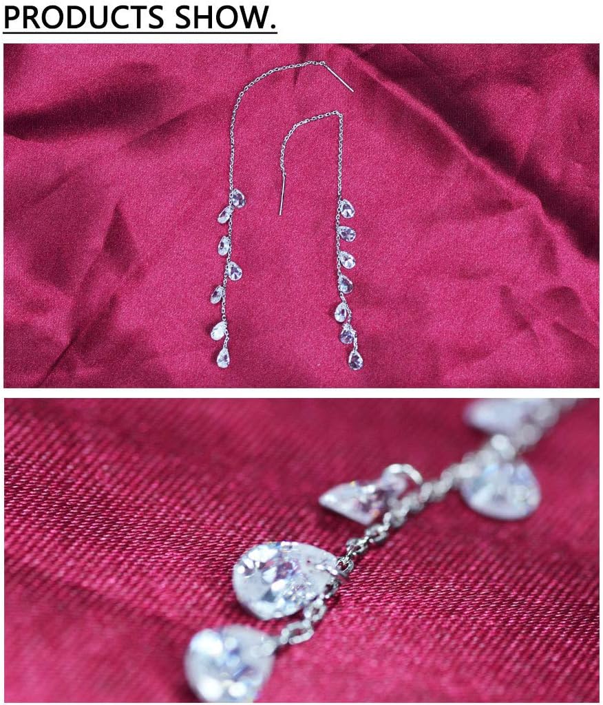 925 Sterling Silver Tassel Drop Earrings Long CZ Droplet Dangle Threader Earrings for Women