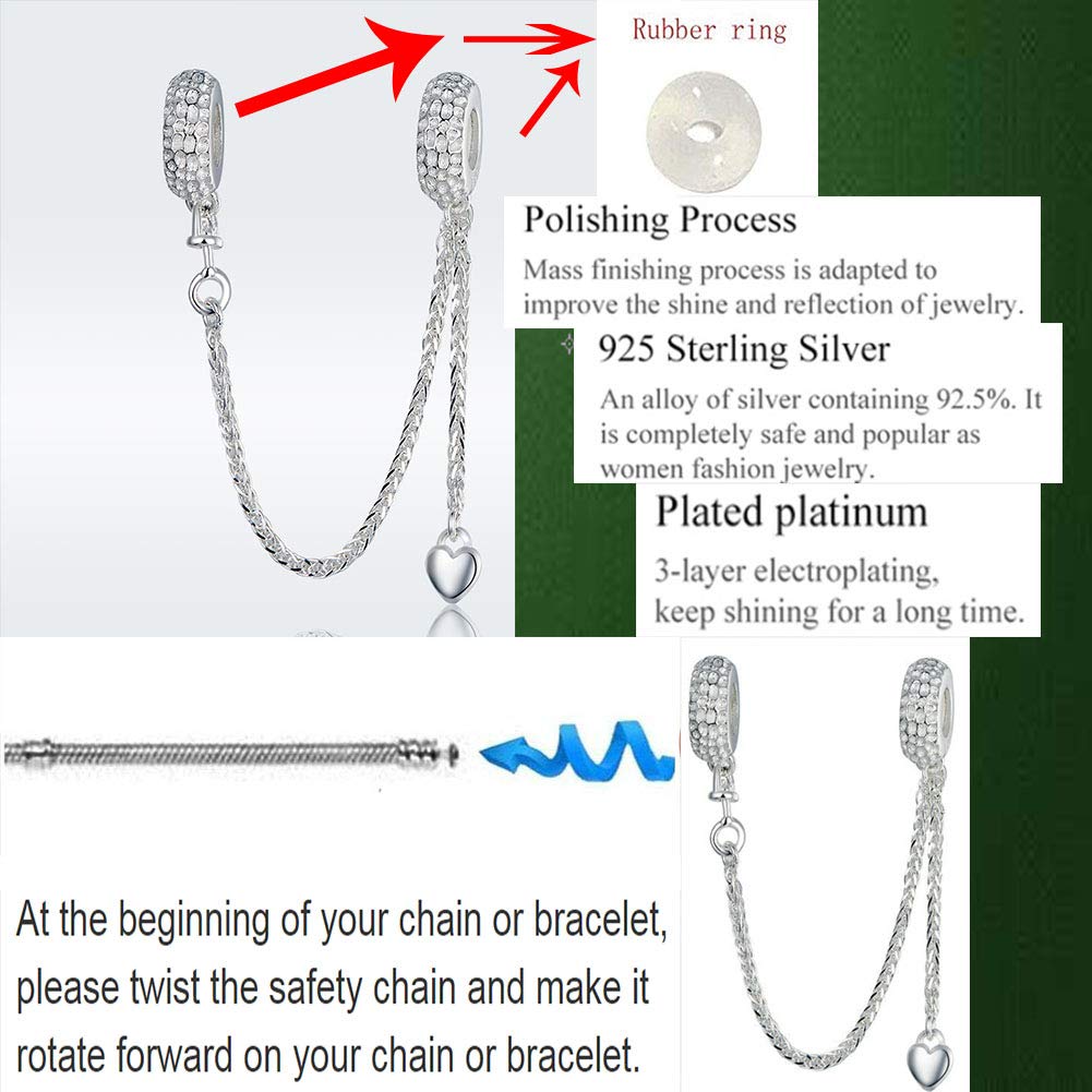 Heart Safety Chain Charm 925 Sterling Silver Beads fit Pandora Charms Bracelet & Necklace (White Safety chain)