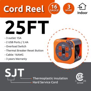 Link2Home Cord Reel 25 ft. Extension Cord 4 Power Outlets, 2 USB Ports, 2.4A Fast Charge – 16 AWG SJT Cable.