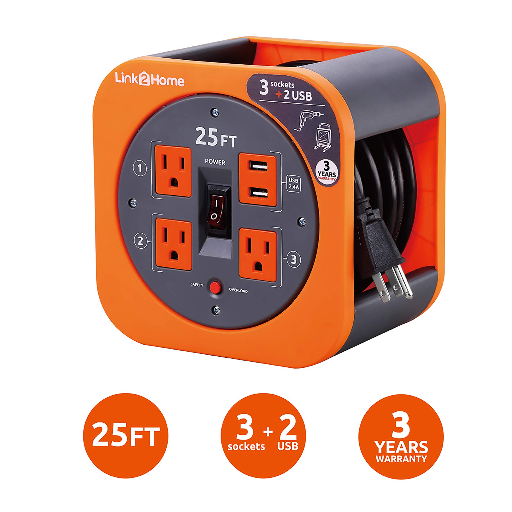 Link2Home Cord Reel 25 ft. Extension Cord 4 Power Outlets, 2 USB Ports, 2.4A Fast Charge – 16 AWG SJT Cable.