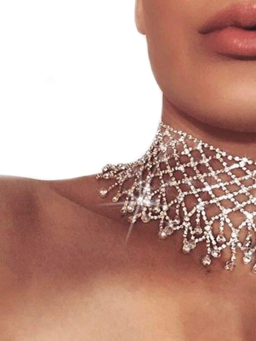 Nicute Festival Rhinestone Choker Full Crystal Necklaces Chain Summer Club Necklace Jewelry for Women (Silver)