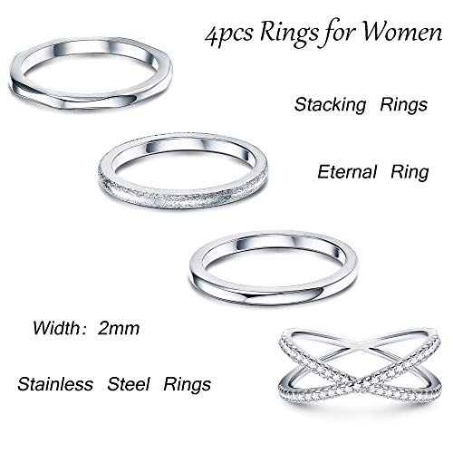 LOYALLOOK 4PCS Stainless Steel Stacking Wedding Band Rings Women CZ Criss Cross Ring Women Engagement Eternity Knuckle Mid Ring Set, Size 7