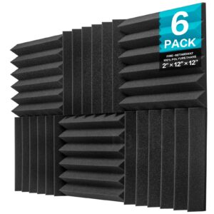 JBER 6 Pack Acoustic Foam Wedge, 2" X 12" X 12" Studio Soundproofing Panels Fire Resistant Sound Proof Padding Acoustic Treatment Foam (6 Square Feet, Charcoal)