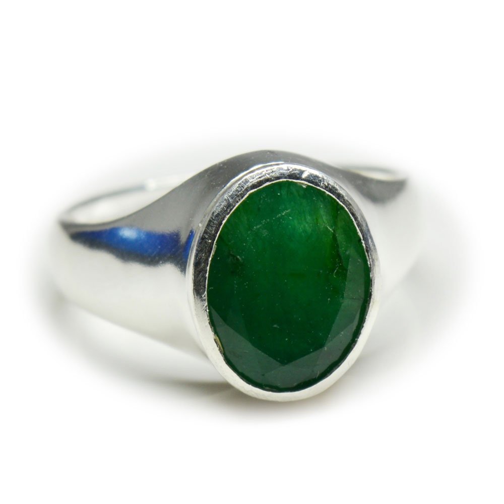 Jewelryonclick Natural 7 Carat Emerald Silver Rings for Women Bold Design with Bezel Setting in Size 4-13