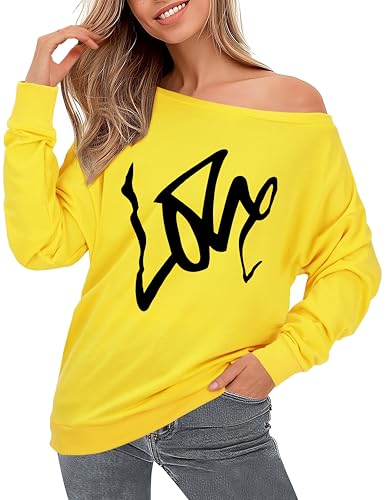 AM CLOTHES Sweatshirt for Women Off Shoulder Oversized Sweatshirts Long Sleeve Sweaters Shirts Tops 3X-Large 01-yellow