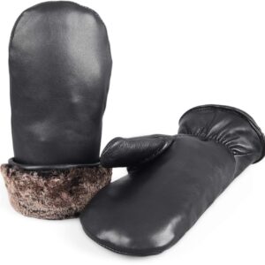 Zavelio Unisex Premium Shearling Sheepskin Fur Lined Leather Mittens Black Large