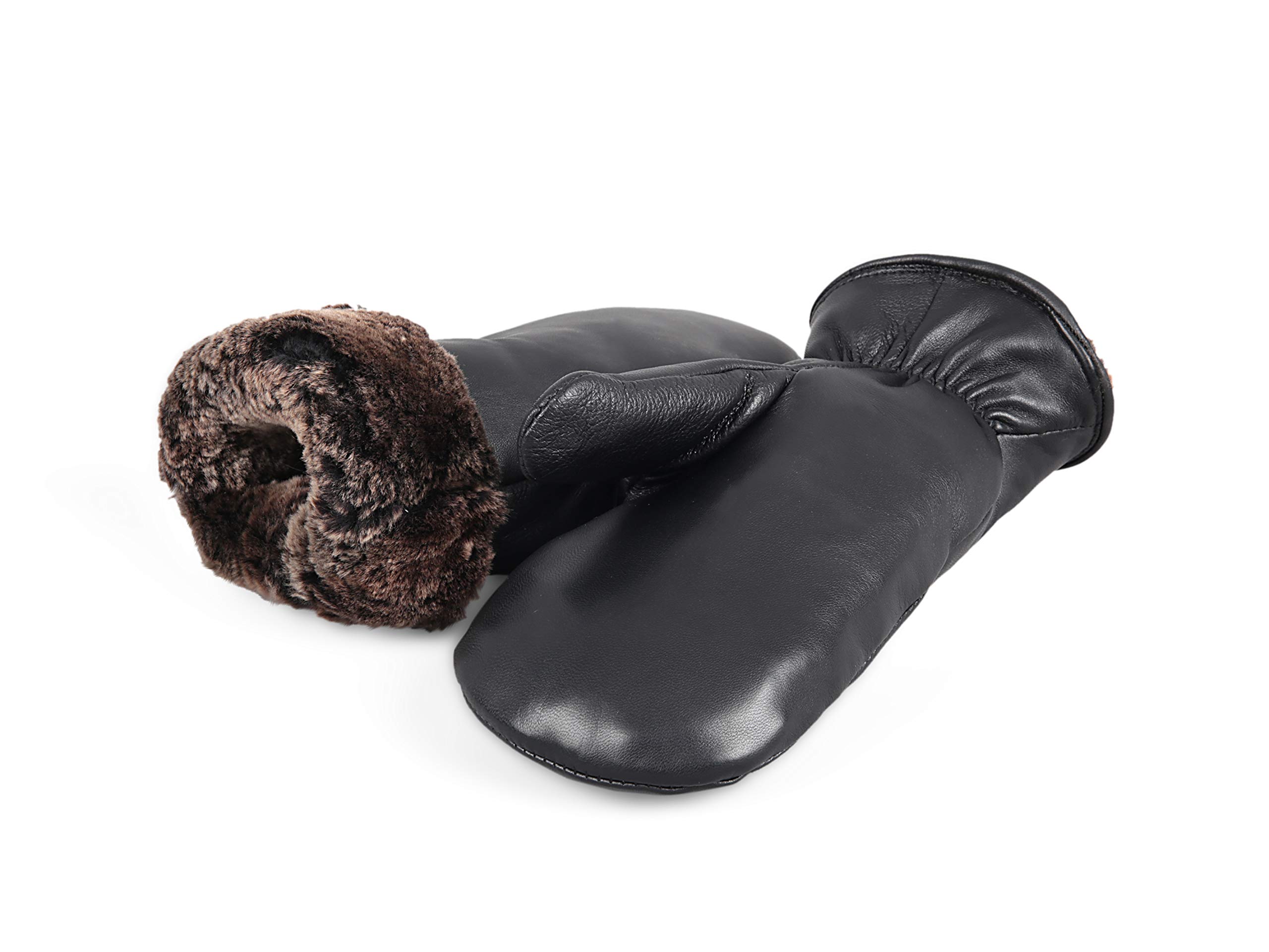 Zavelio Unisex Premium Shearling Sheepskin Fur Lined Leather Mittens Black Large