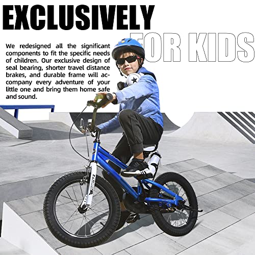 RoyalBaby Boys Girls Kids Bike 14 Inch BMX Freestyle 2 Hand Brakes Bicycles with Training Wheels Child Bicycle Blue