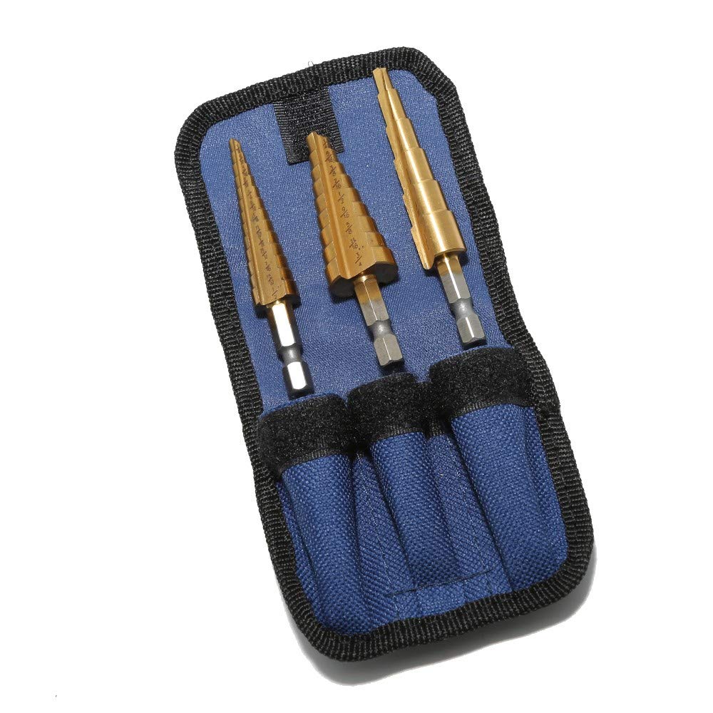 Yangoutool 3PCS Titanium Uni Step Drill Bit Set with Pouch,High Speed Steel HSS Quick Change 1/4" Shank,Total 28 Sizes 3/16" -1/2",1/4"-3/4",1/8"-1/2"