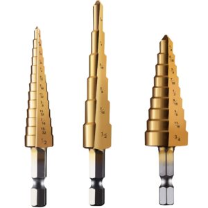 Yangoutool 3PCS Titanium Uni Step Drill Bit Set with Pouch,High Speed Steel HSS Quick Change 1/4" Shank,Total 28 Sizes 3/16" -1/2",1/4"-3/4",1/8"-1/2"