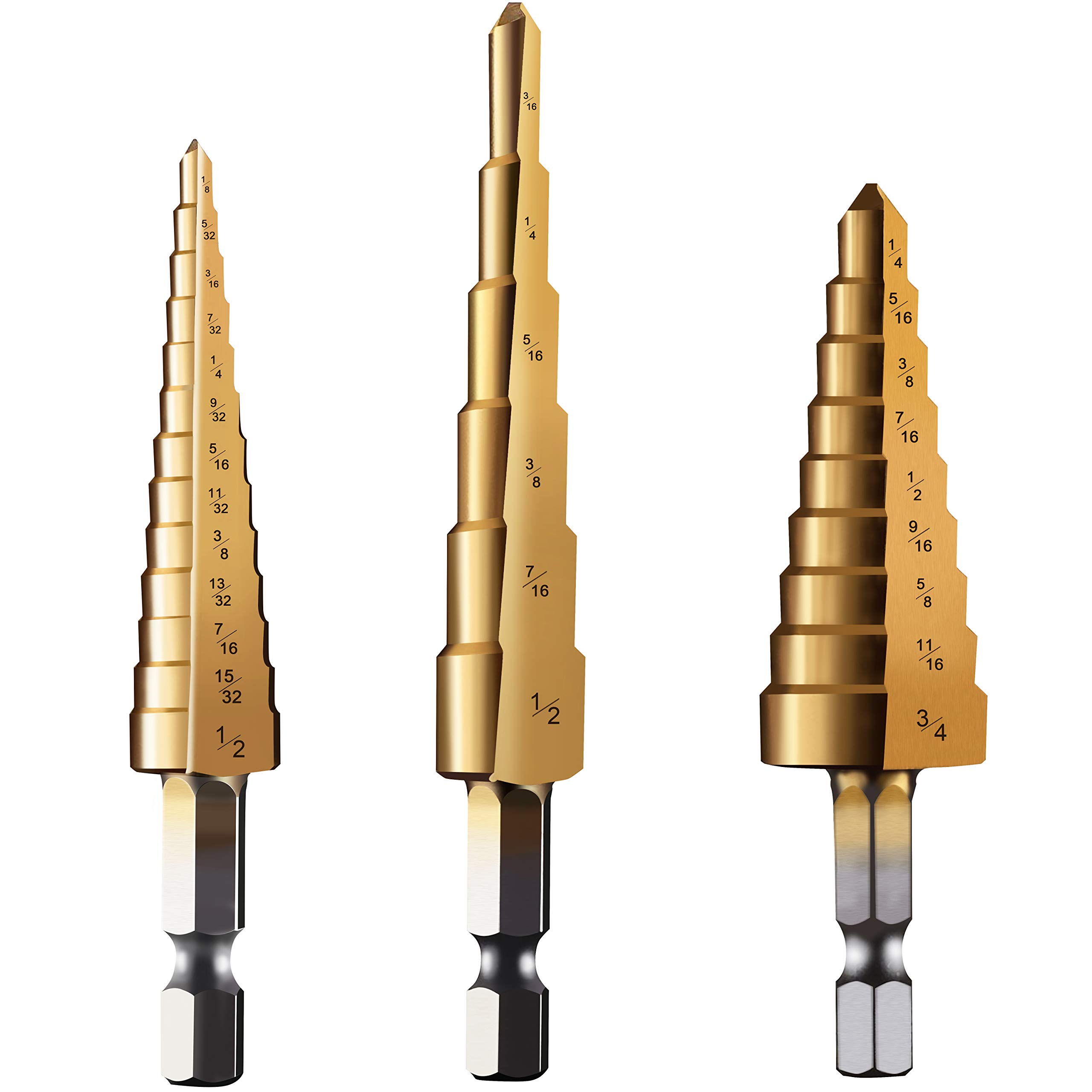 Yangoutool 3PCS Titanium Uni Step Drill Bit Set with Pouch,High Speed Steel HSS Quick Change 1/4" Shank,Total 28 Sizes 3/16" -1/2",1/4"-3/4",1/8"-1/2"