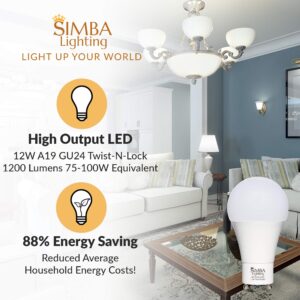 Simba Lighting LED GU24 A19 Light Bulb 12W 75W to 100W Replacement (4 Pack) 120V 2 Prong Twist and Lock Base for Ceiling Lights, Pendants, Outdoor Lanterns, Floor Lamps, Non-Dimmable, 5000K Daylight