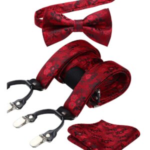 HISDERN Red Bow Tie and Suspenders for Men Paisley Floral 6 Clips Adjustable Braces Y Shape Tuxedo Suspenders & Pocket Square Set