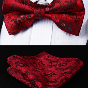 HISDERN Red Bow Tie and Suspenders for Men Paisley Floral 6 Clips Adjustable Braces Y Shape Tuxedo Suspenders & Pocket Square Set