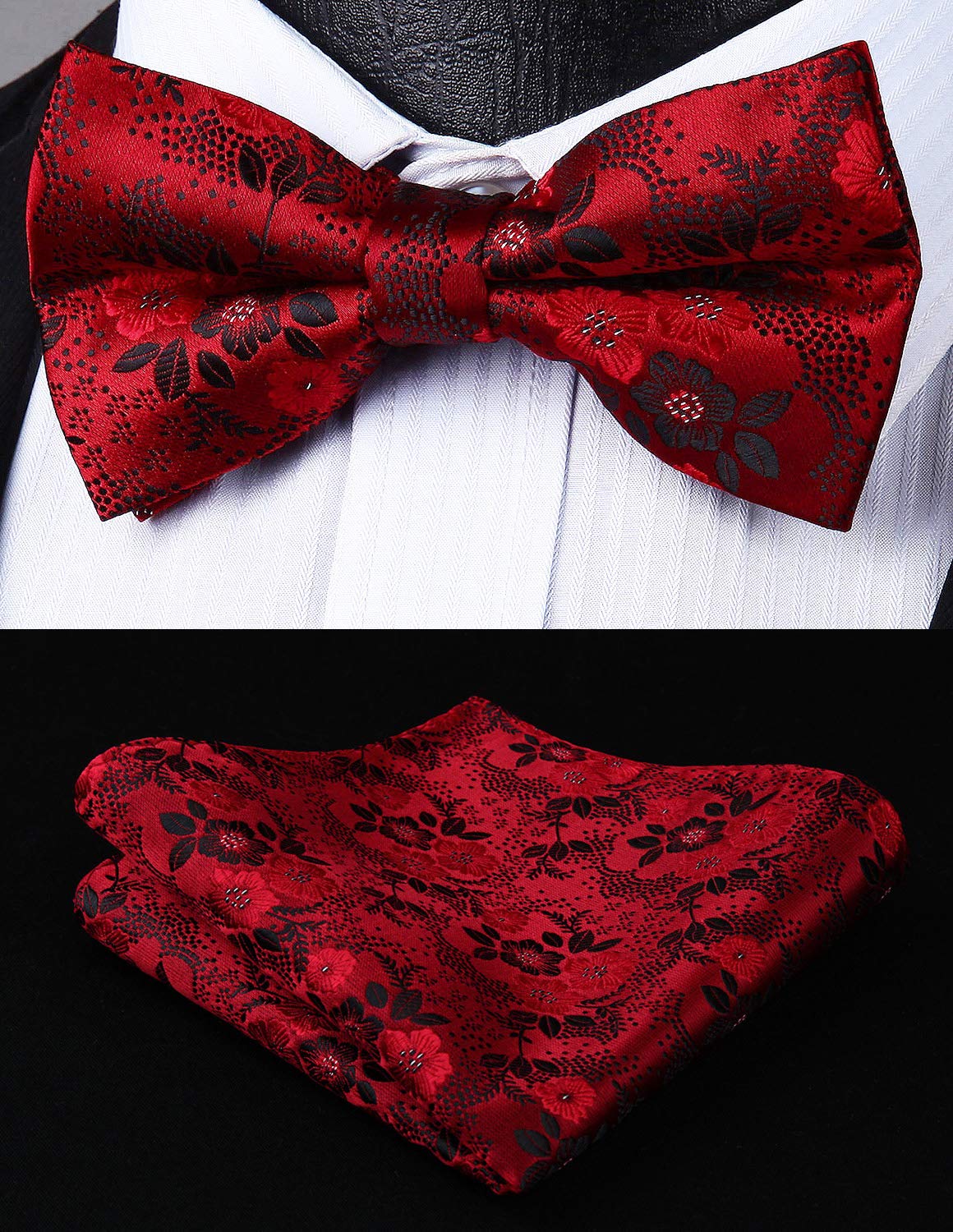 HISDERN Red Bow Tie and Suspenders for Men Paisley Floral 6 Clips Adjustable Braces Y Shape Tuxedo Suspenders & Pocket Square Set