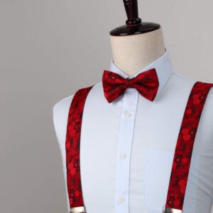 HISDERN Red Bow Tie and Suspenders for Men Paisley Floral 6 Clips Adjustable Braces Y Shape Tuxedo Suspenders & Pocket Square Set