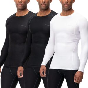 DEVOPS 3 Pack Men's UPF 50+ Long Sleeve Compression Shirts, Water Sports Rash Guard Base Layer, Athletic Workout Shirt (Large, Black-Black-White)