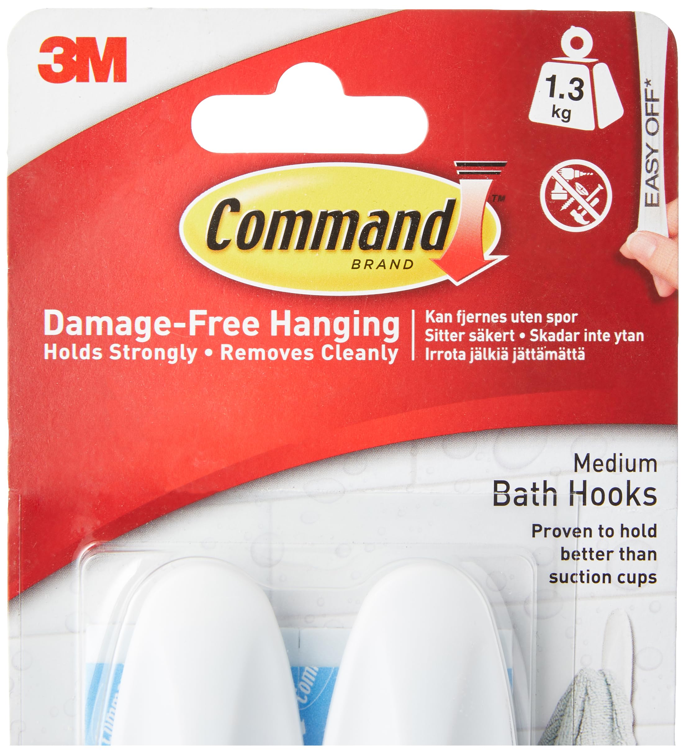 Command Designer Bath Hooks, Medium, White, 2-Hooks with Water-Resistant Strips (17081B-ES) (12 Hooks)