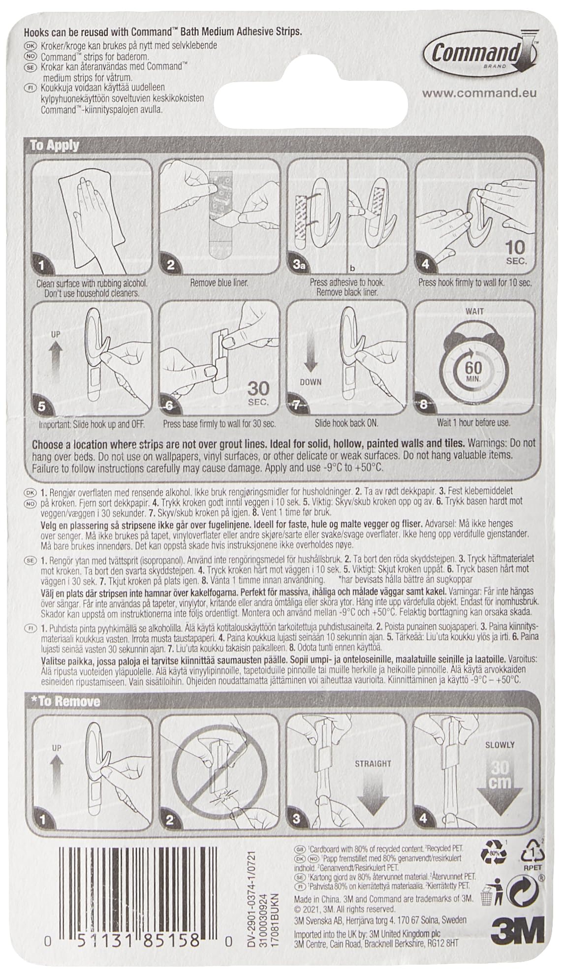 Command Designer Bath Hooks, Medium, White, 2-Hooks with Water-Resistant Strips (17081B-ES) (12 Hooks)