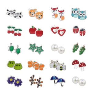 HOVEOX 20 Pairs Stud Earrings Stainless Steel Mixed Color Cute Animals Fruit Mushroom Cherry Pearl Fox Bear Butterfly Bee Owl Flower Star Heart Stud Earrings Set for Women