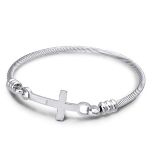 555jewelry stainless steel metal cross religious religion sacred christian catholic holy blessing bracelet fashion fine jewelry accessory bangle bracelet, silver size 60mm