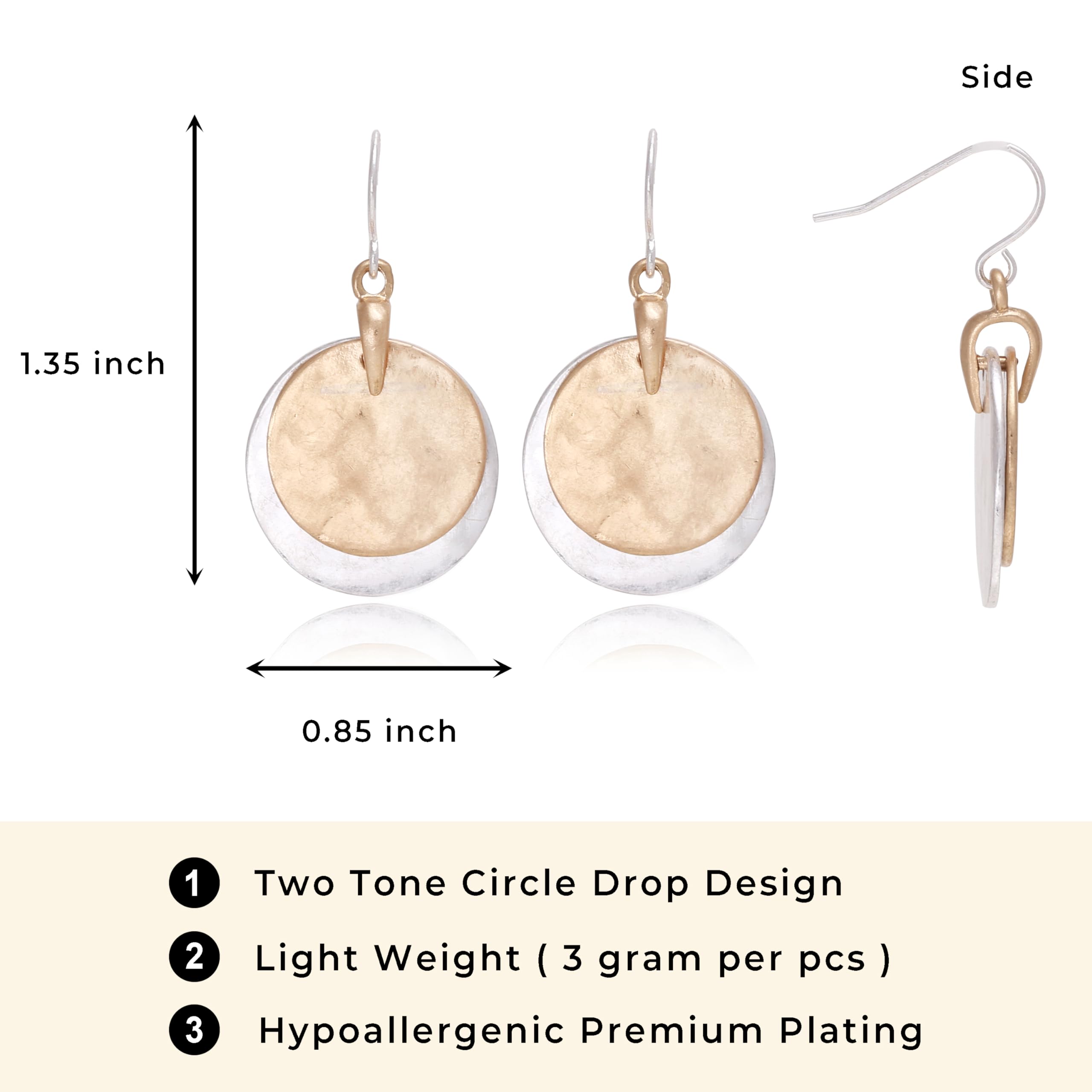 Gold & Silver Small Dangle Earrings for Women, Mixed Metal & Shell Inside, Circle & Teardrop Shape, Hammered Drop Earrings, Perfect Jewelry for Gifts