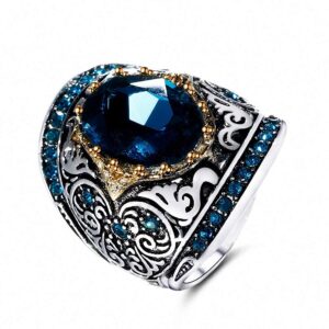 Vintage Peacock Blue Gemstone Ring Jewelry Gift for Women (6)