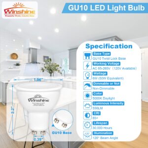 winshine GU10 LED Bulb, 50W Halogen Equivalent, 5000K Daylight, GU10 Light Bulbs Halogen Replacement for Track Lighting, MR16 Shape 2 Prong Base, 120°Beam Angle 550LM 120V CRI85+ Non-Dimmable 6 Pack