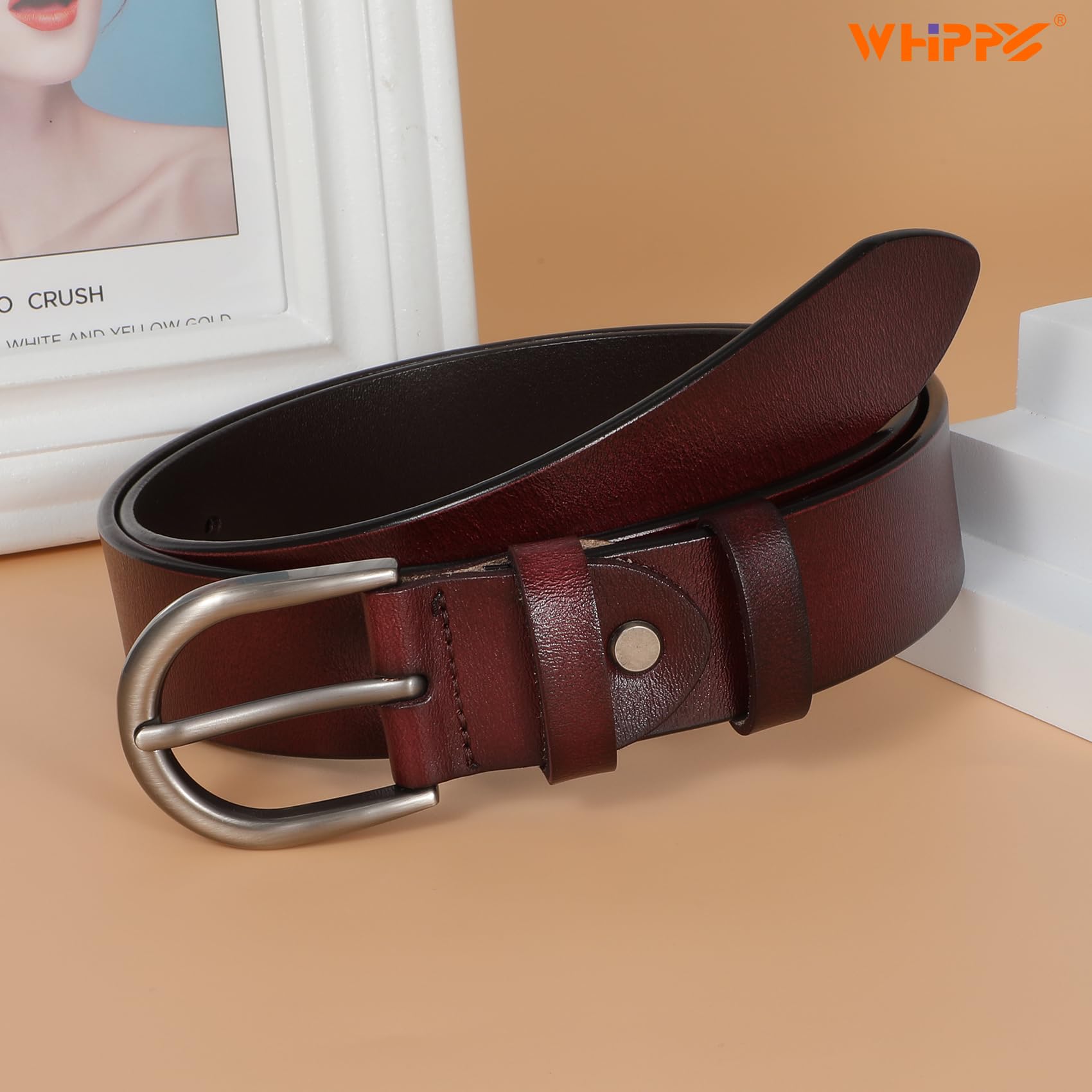 WHIPPY Women Leather Belt for Jeans Pants Dresses Fashion Ladies Western Leather Belt with Silver Buckle M Dark Coffee