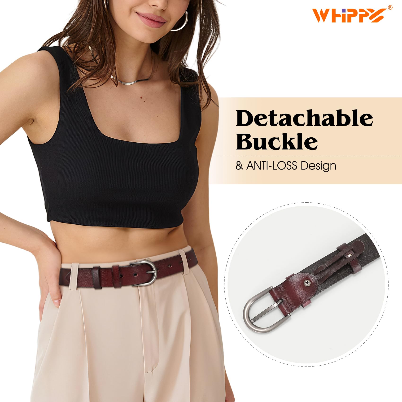 WHIPPY Women Leather Belt for Jeans Pants Dresses Fashion Ladies Western Leather Belt with Silver Buckle M Dark Coffee