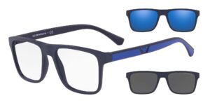 emporio armani men's ea4115 prescription eyewear frames with two interchangeable sun clip-ons rectangular, matte dark blue/clear/grey/blue mirrored, 54 mm