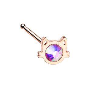 Pierced Owl Aurora Borealis CZ Crystal Cat Face Nose Bone Stud (Rose Gold Tone)