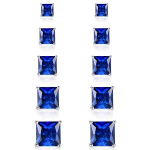 18K White Gold Plated Princess Cut Created Blue-sapphire Spinel Stud Earrings Sets For Women Pack of 5