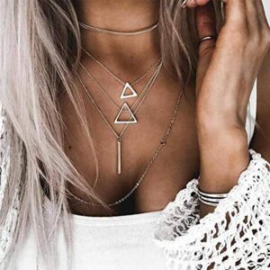 Anglacesmade Bohemia Layered Choker Necklace Silver Triangle Necklace Bar Necklace Geometric Necklace Bohemian Jewelry for Women and Girls