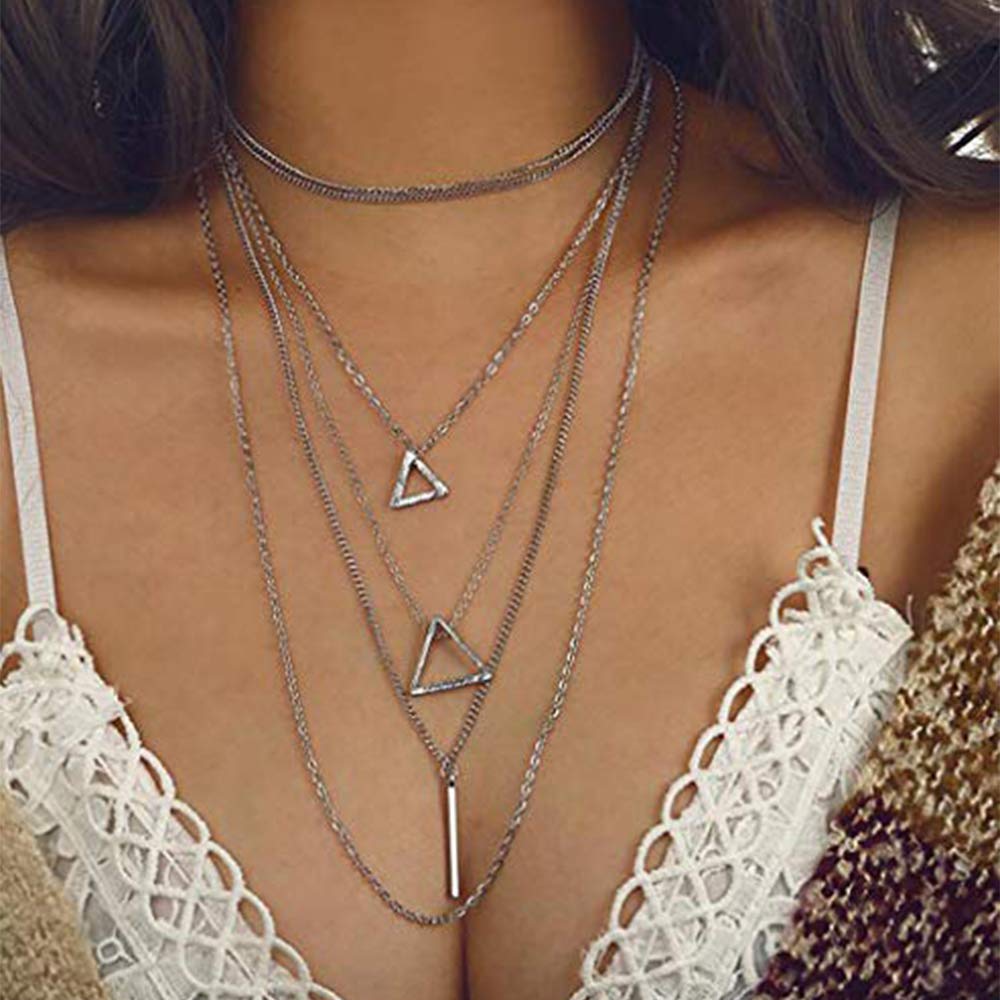 Anglacesmade Bohemia Layered Choker Necklace Silver Triangle Necklace Bar Necklace Geometric Necklace Bohemian Jewelry for Women and Girls