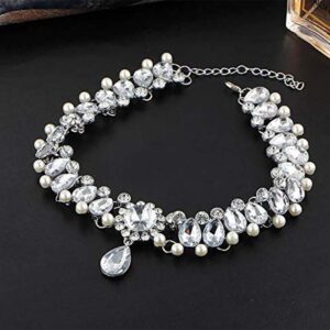 Chmier Bohemia Rhinestone Choker Crystal Necklace Pearl Choker Wedding Jewelry Bridal Necklace Diamond Pendant Choker for Women(Silver)