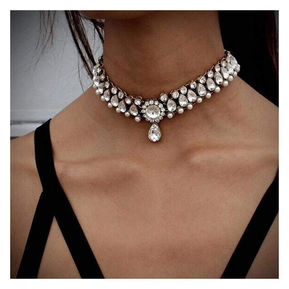 Chmier Bohemia Rhinestone Choker Crystal Necklace Pearl Choker Wedding Jewelry Bridal Necklace Diamond Pendant Choker for Women(Silver)