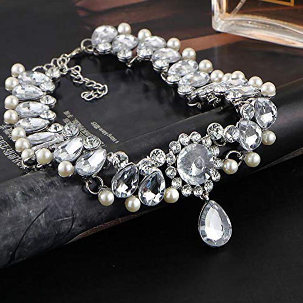 Chmier Bohemia Rhinestone Choker Crystal Necklace Pearl Choker Wedding Jewelry Bridal Necklace Diamond Pendant Choker for Women(Silver)