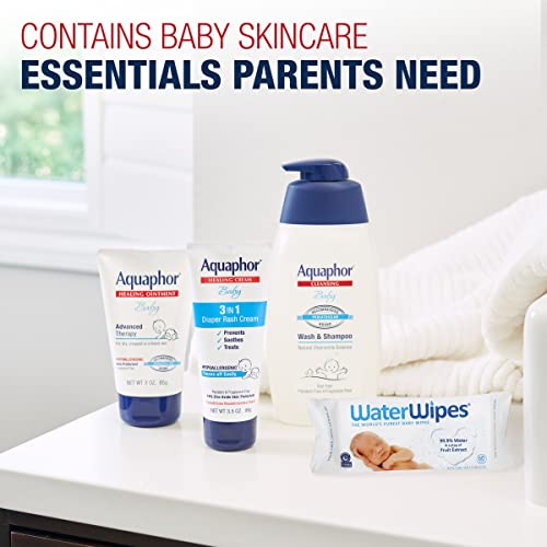 Aquaphor Baby Skin Care Gift Set with Aquaphor Baby Wash and Shampoo, Aquaphor Baby Healing Ointment, Aquaphor Diaper Rash Cream, and WaterWipes, 4 Pieces